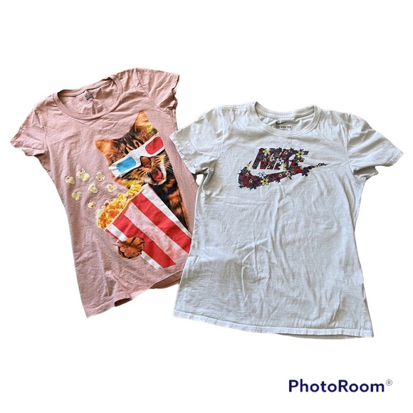 4/20 Two T-Shirts, S, orange kitten in sunglasses popcorn, Nike floral print.